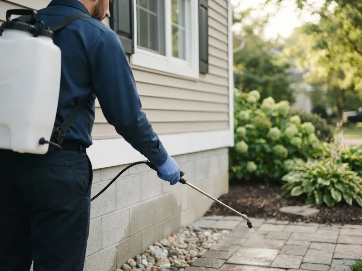 Pest control technician inspecting a home in Newman, IL